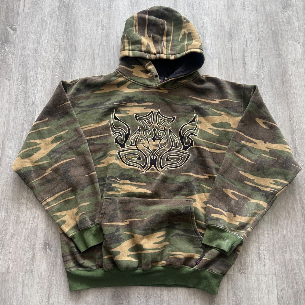 Y2K Sapphire Lounge Mens XL Camo Tribal Graphic Hoodie Tiger Stripe Camouflage
